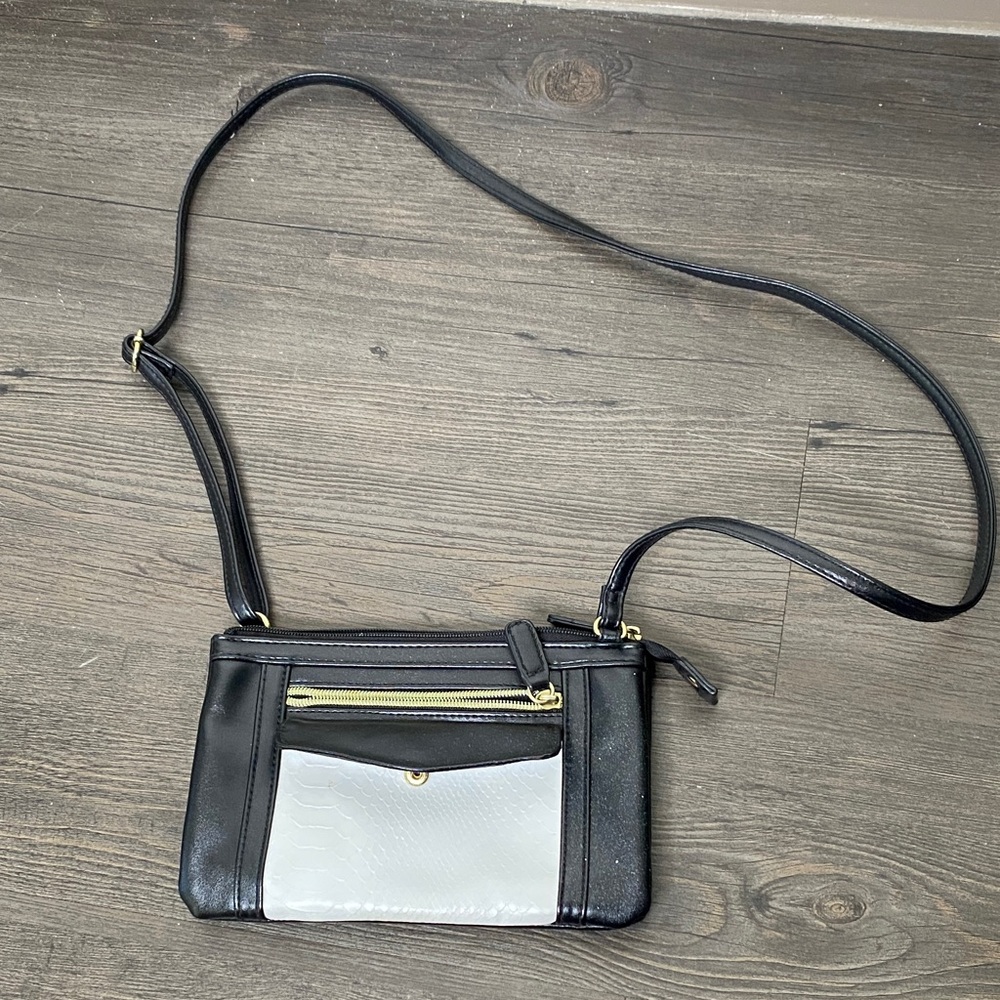 Black, white, and gold crossbody purse bag